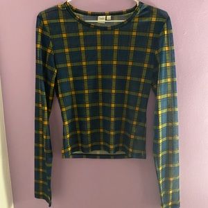 Mesh checkered long sleeve top